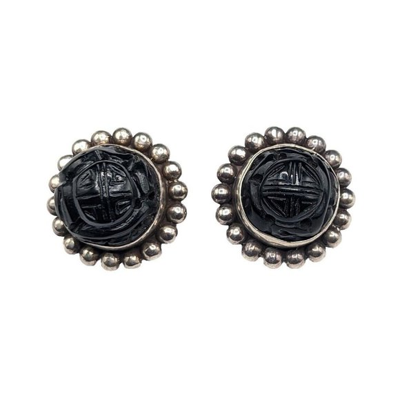 Unsigned Stephen Dweck Sterling Silver Carved Black Shao Design Clip On Earrings - Picture 1 of 11